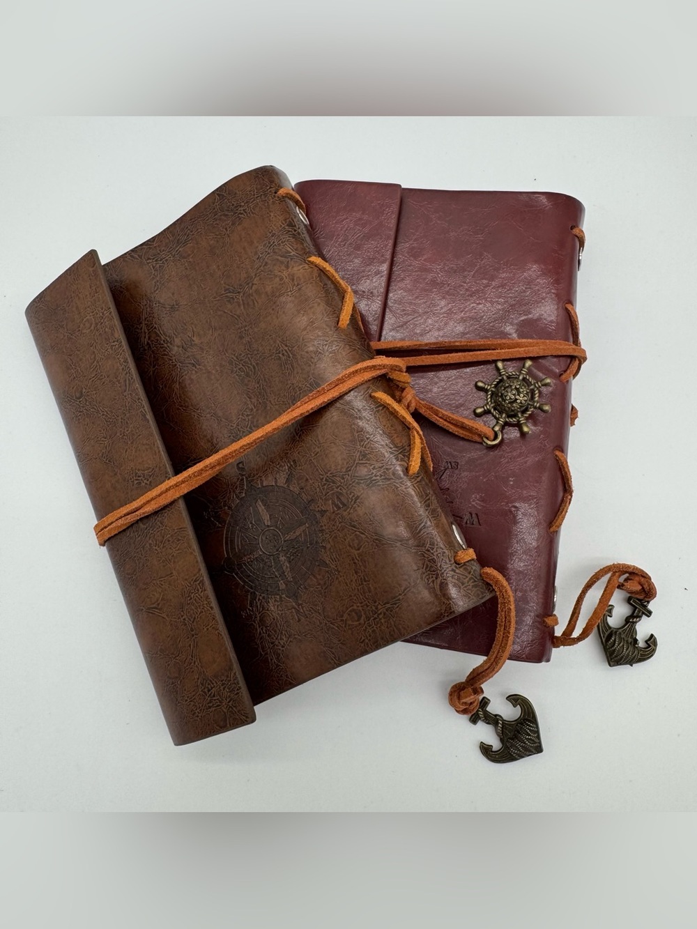 Fuax Leather Journal Refillable Notebook Pair Nautical Compass Anchor Gift